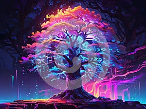a tree with a purple and blue sky and a city in the background Binary Blossoms A Surreal Digital