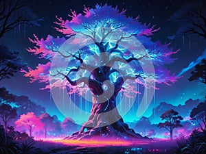 a tree with a purple and pink sky and the words tree Iridescent Binary Arboretum A Digital Fantasy