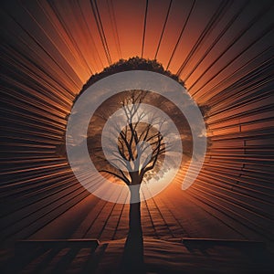 Tree in the rays of the setting sun. generative ai