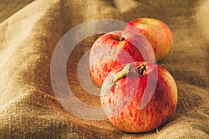 Tree red apples on linen cloth filtered