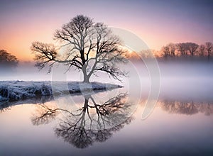 Tree reflected in the water of a lake at sunrise. Winter landscape.