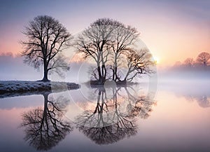 Tree reflected in the water of a lake at sunrise. Winter landscape.