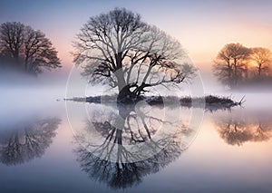 Tree reflected in the water of a lake at sunrise. Winter landscape.