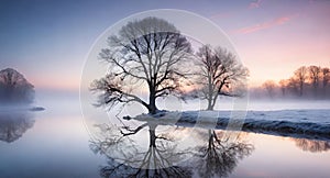 Tree reflected in the water of a lake at sunrise. Winter landscape.