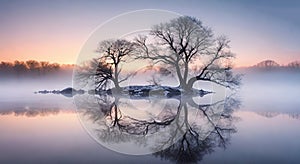 Tree reflected in the water of a lake at sunrise. Winter landscape.