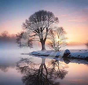 Tree reflected in the water of a lake at sunrise. Winter landscape.