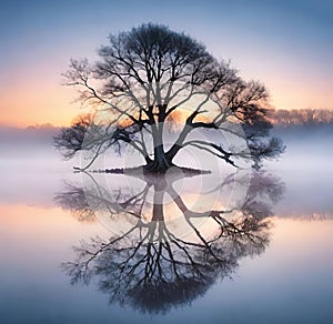 Tree reflected in the water of a lake at sunrise. Winter landscape.