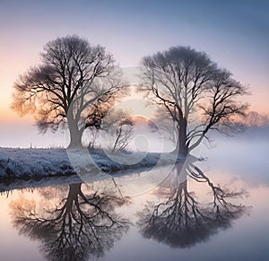 Tree reflected in the water of a lake at sunrise. Winter landscape.