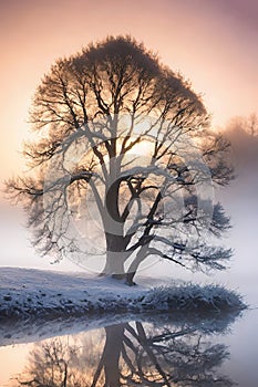 Tree reflected in the water of a lake at sunrise. Winter landscape.