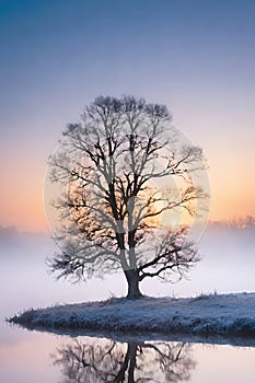 Tree reflected in the water of a lake at sunrise. Winter landscape.