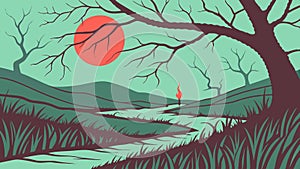 Tree by River with Geometric Patterns, Abstract Nature Art, vector design Generative AI