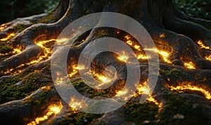 A tree root with a lot of fire on it