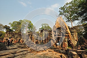 Tree root overgrowing parts of ancient Preah Khan Temple at angkor Wat Area ,Cambodia