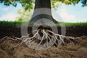 Tree root system extending deep into soil cross section