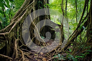 tree roots entwined in jungle undergrowth