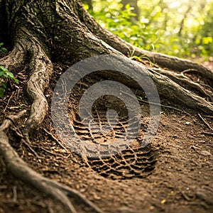 Tree roots extend across a dirt path in a forest setting, with sunlight filtering through photo