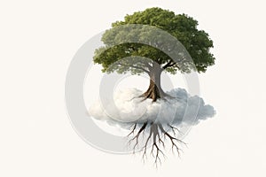 A tree with roots growing from a cloud. Space for text.