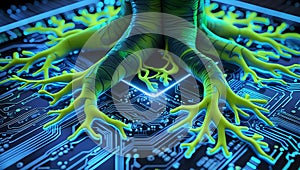 Tree Roots Intertwined with Circuit Board Pathways