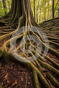 tree roots intertwining on a forest floor