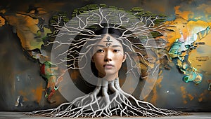 Tree with roots shaped like language scripts and global branches