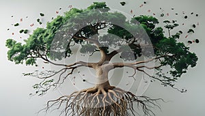 Tree with roots shaped like language scripts and global branches