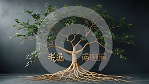 Tree with roots shaped like language scripts and global branches