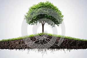 Tree with Roots Showing on Grass and Soil Section Isolated