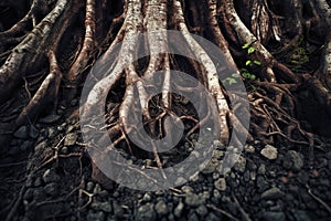 Tree roots in soil close up underground texture illustration. Ai generative