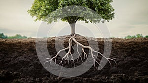 Tree roots in a soil with different layers close up