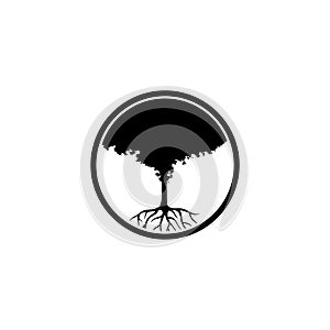Tree round icon with roots isolated on white background