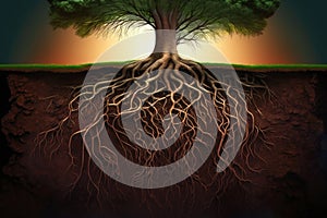 Tree\'s roots side view underground, ecosystem concept. Generativ