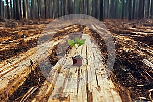 Tree seedling in a pot in the forest. Concept of ecology photo