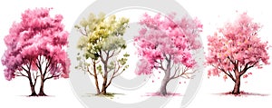 Tree set in spring colors isolated on white, tree collection, spring blossom, illustration generative ai