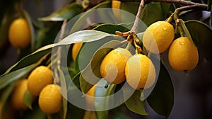 Tree with several yellow fruit hanging from its branches. These fruits are likely lemons, as they have been described