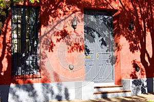 Tree shadows on red house facade in Argentina