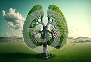 Tree in the shape of a set of lungs. Fresh clean air concept. Generative ai