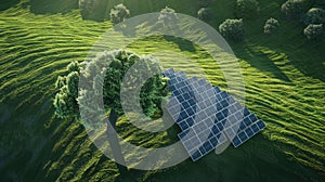 Tree-shaped solar panels in a green field, representing nature-inspired zero carbon technology. Zero carbon technology photo