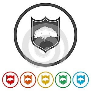 Tree shield icon. Set icons in color circle buttons