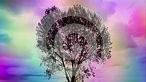 Tree silhouette against colorful sky.