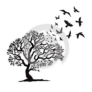 Tree silhouette with bird flying vector