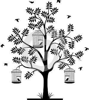 Tree silhouette with birds flying and bird in a cage