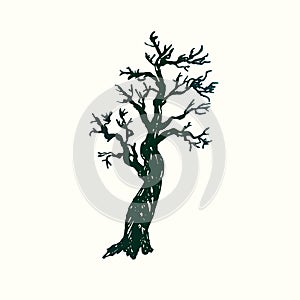 Tree silhouette, hand drawn doodle sketch, black and white vector