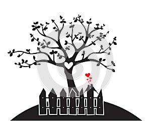 Tree silhouette with heart and birds in love on wooden fence, vector, wall decals isolated on white background