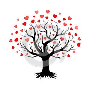 Tree silhouette with leaves - hearts, romantic decoration for Valentine`s Day. Symbol of love, relationships and romance for the