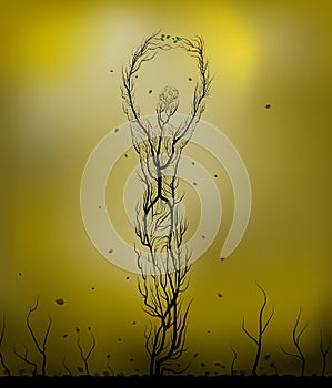 Tree silhouette like a man in desert, tree looks like a woman stretching her hands with last green leaves, dying tree in