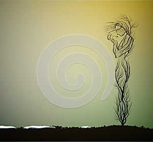 Tree silhouette like a woman holding first green sprout, first spring sprout, tree alive idea,