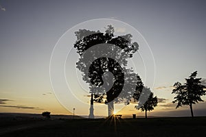 Tree silhouette in sunset with a wayside cross with field and road. Calvary in landscape. Olomouc Czech Republic