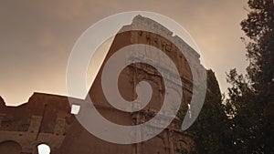 Tree silhouettes against ancient Colosseum at sunset in Rome