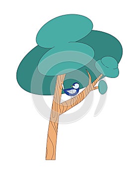 Tree with small bird in branch 2D linear cartoon object