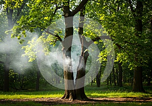 Tree with smoke in forest